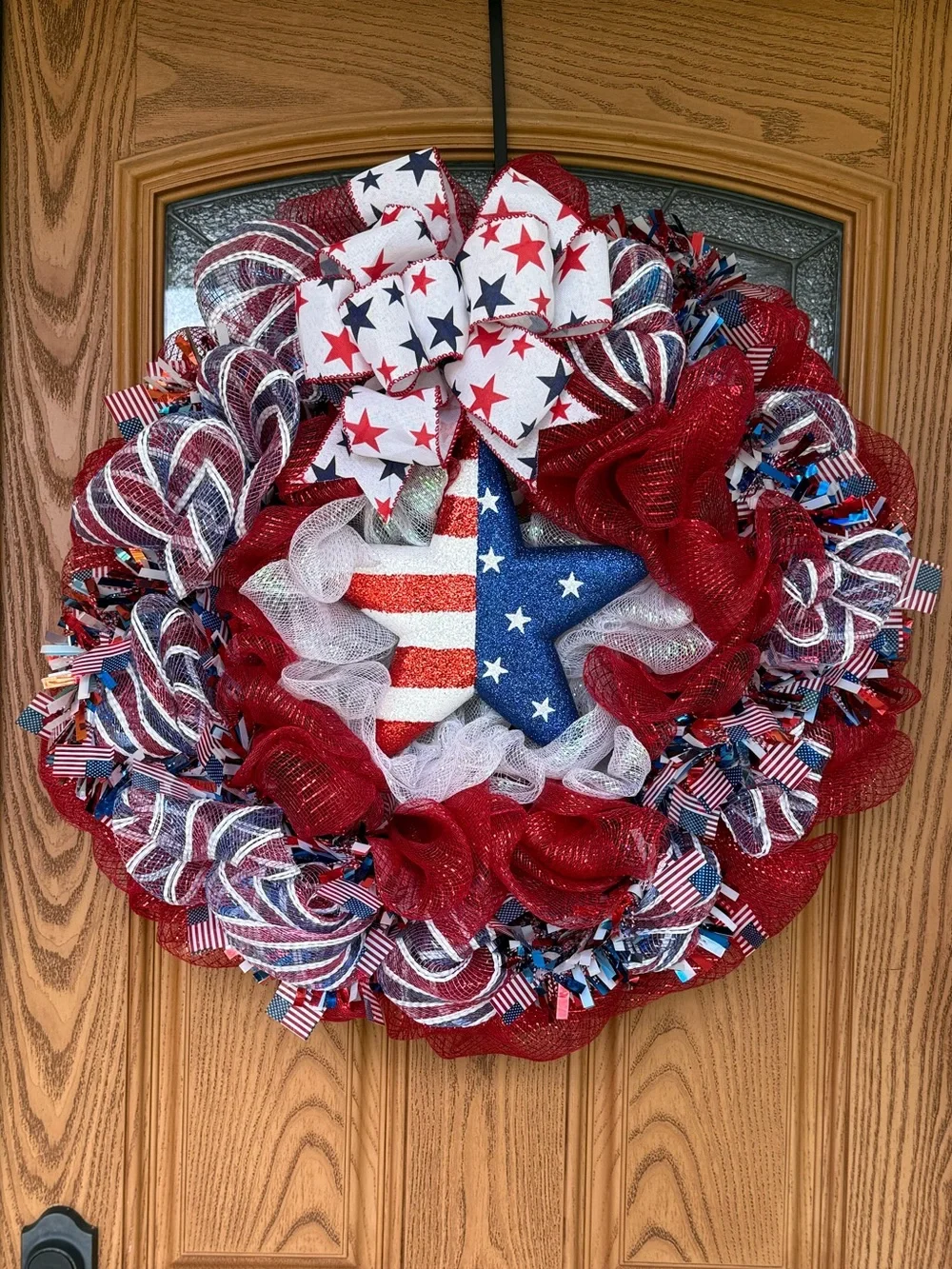 Handmade Patriotic Red, White & Blue with Star Deco Mesh Holiday Wreath